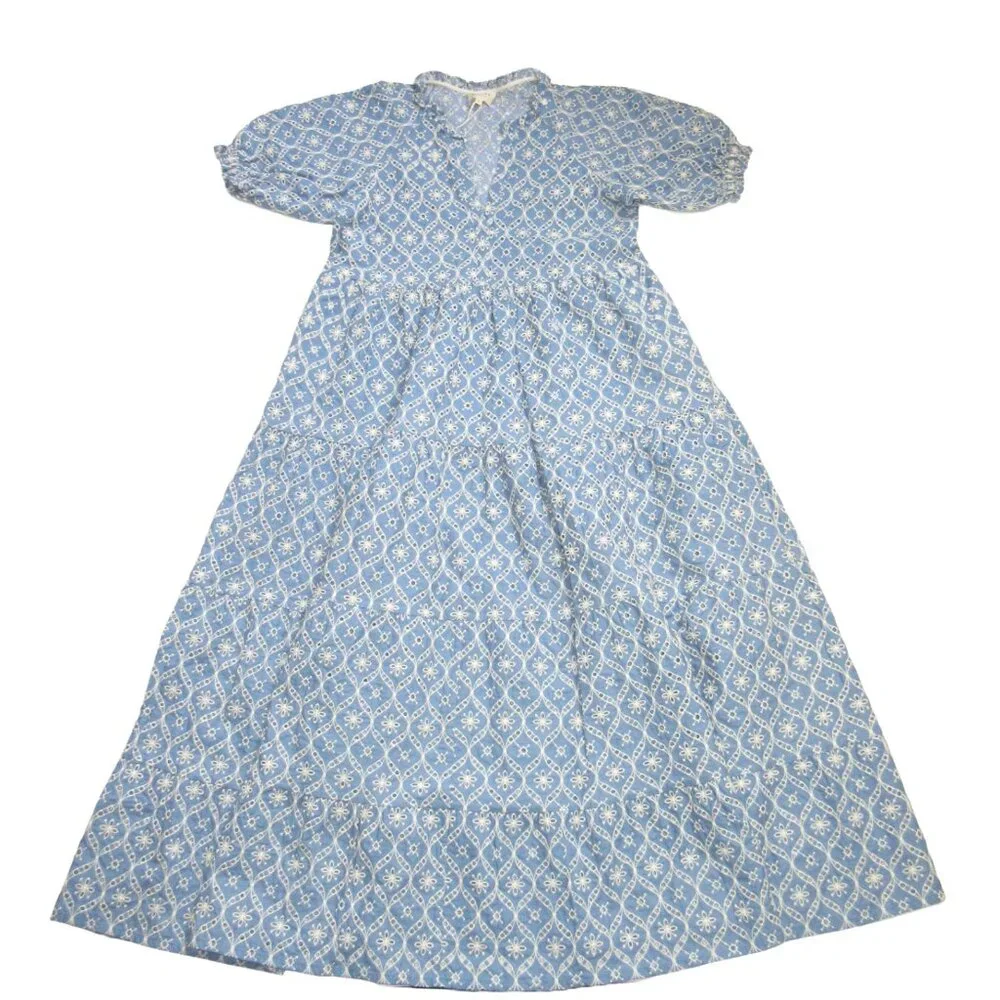 NWT Sezane Mayla in Blue Ecru Embroidered Eyelet Maxi Dress 38 / US 6 - Picture 4 of 9